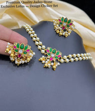 Load image into Gallery viewer, Dainty Golden Lotus Jadau pachi choker Necklace set temple  jewelry
