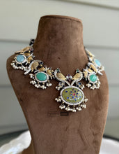 Load image into Gallery viewer, German silver Dual Tone peacock big stone statement  necklace set
