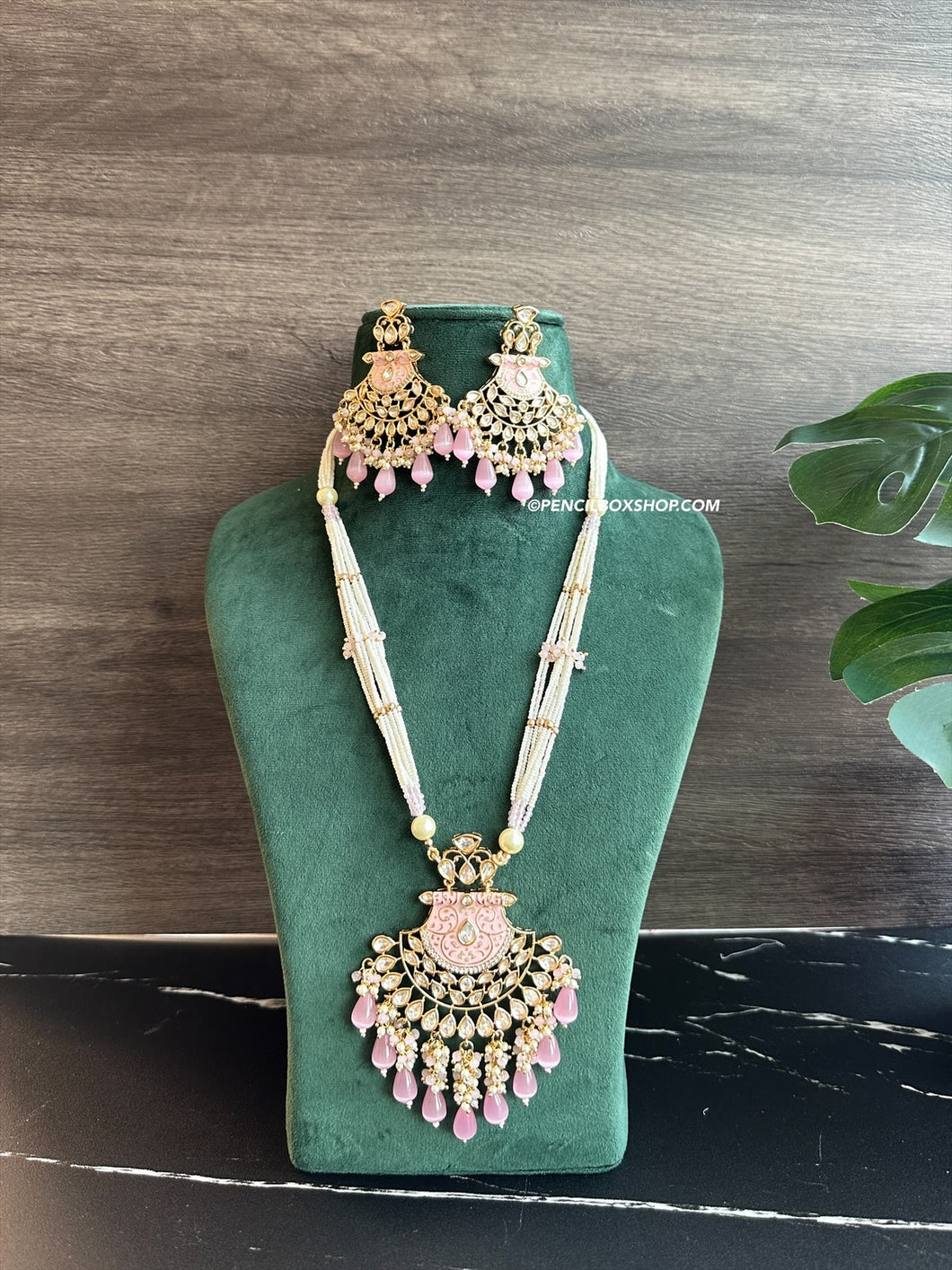 22k gold plated Pink Enamel meena work Pearl Long Tayani Necklace set