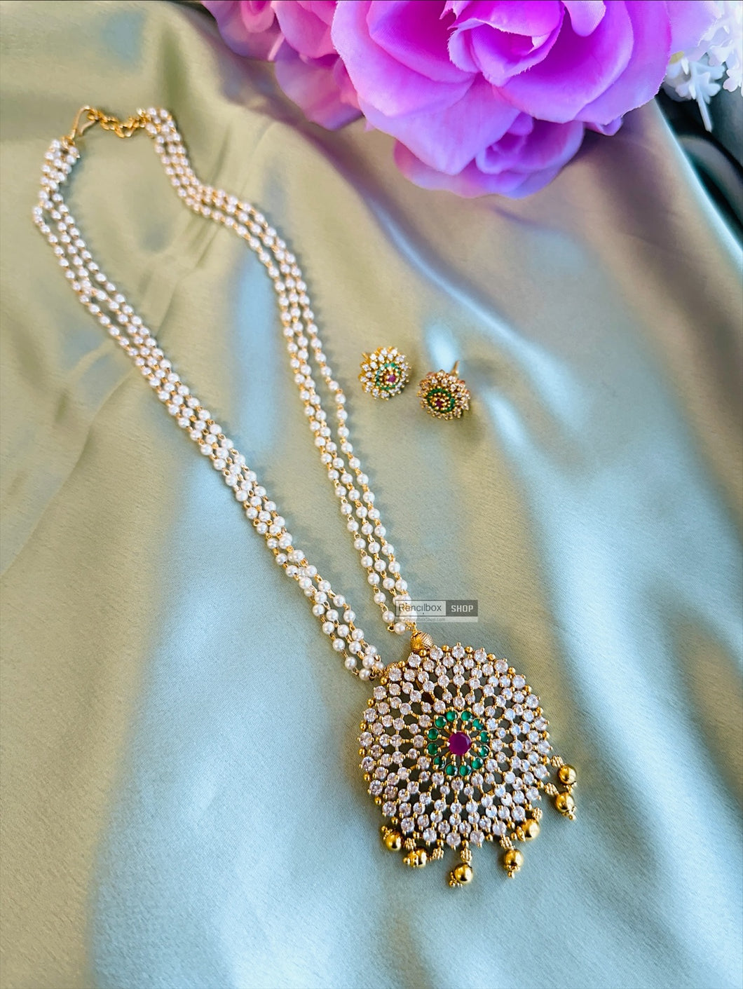 Pearl Mala cz american diamond Haram Necklace set Temple jewelry
