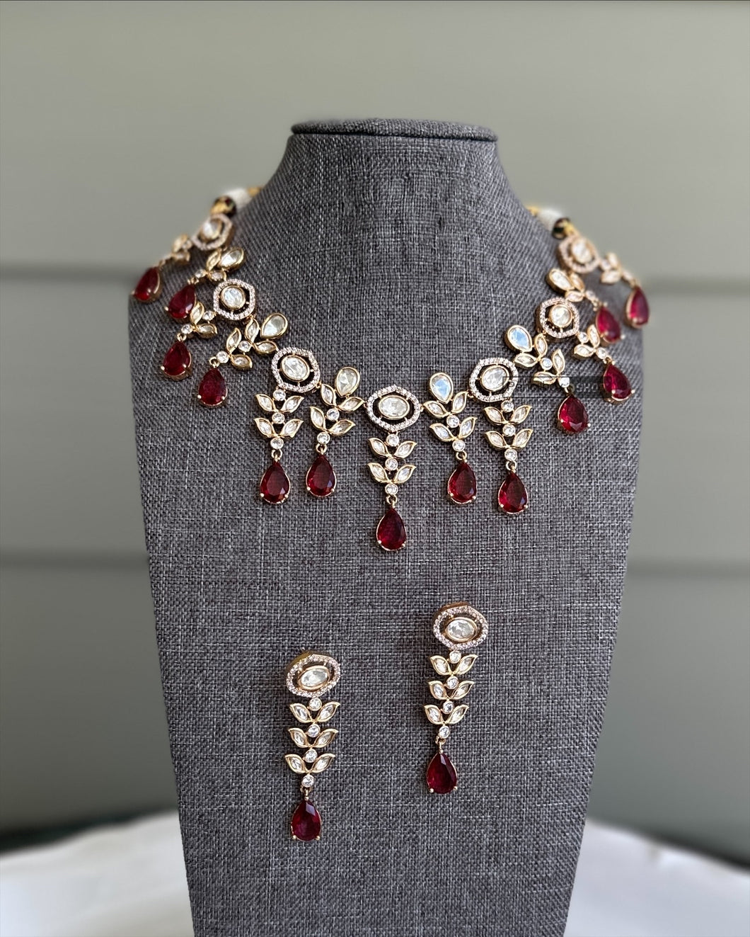22k gold plated Ruby dangling Statement Tayani Necklace set