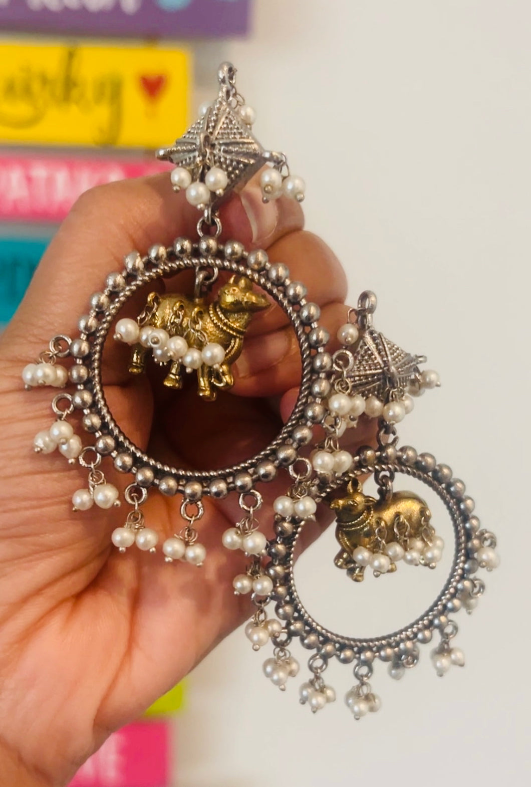 Nandi pearl round German Silver Jhumka earrings