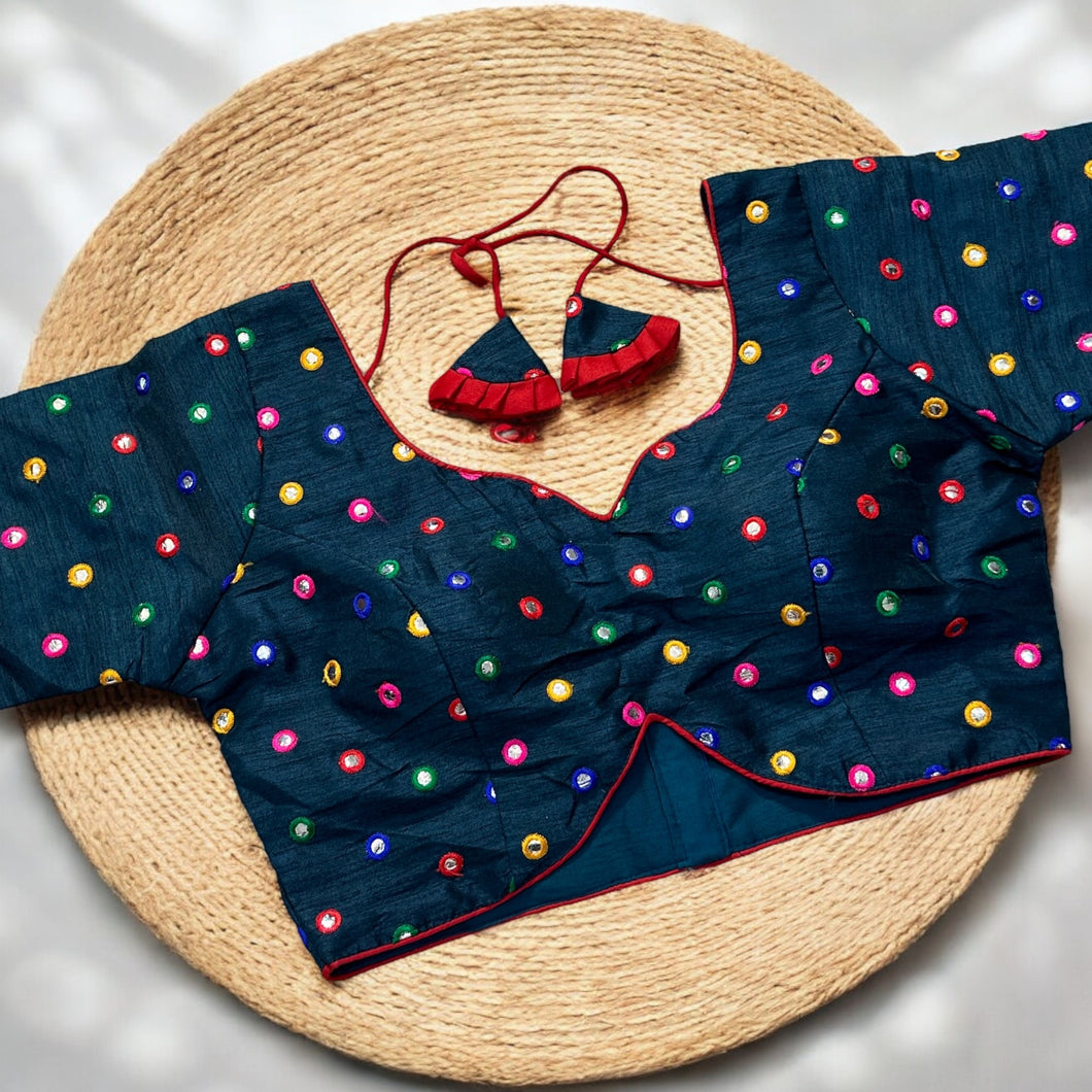 38-42 Blue Multicolor Foiled Mirror Embroidery Blouse