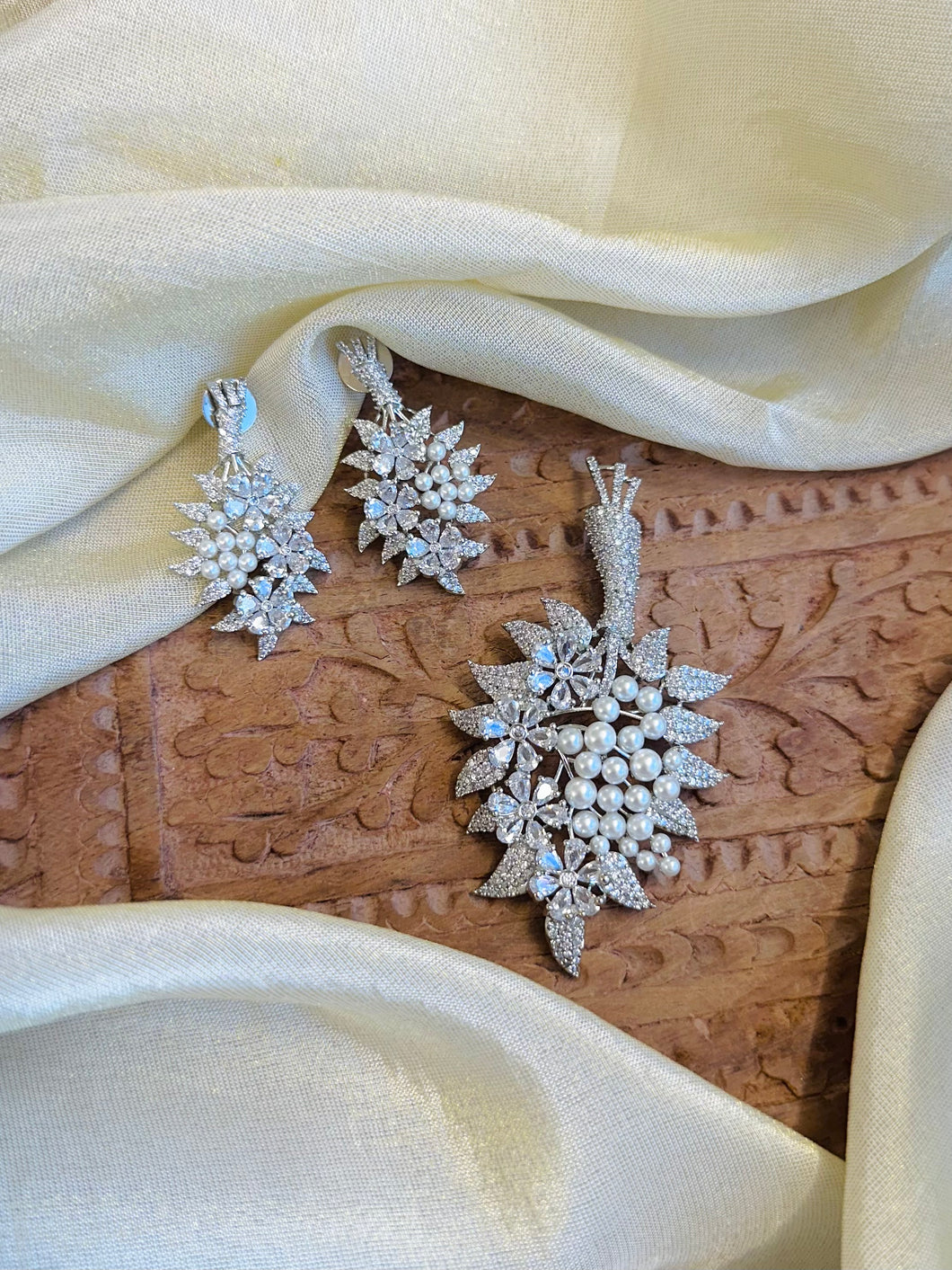 American Diamond Silver Pearl Flower Pendant set
