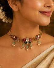 Load image into Gallery viewer, Lotus enamel Choker Beaded Necklace set Ethnic
