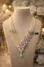 Load image into Gallery viewer, Solitaire Floral Rose Gold MM pink Mint Pearl Multicolor Long Solitaire Premium Necklace set
