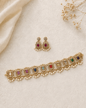 Load image into Gallery viewer, American Diamond Cz Dainty Navratna Choker necklace set
