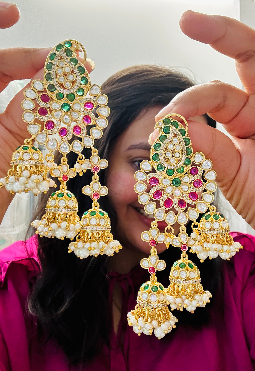 Pachi kundan Multicolor Three jhumkas  Dangling Earrings