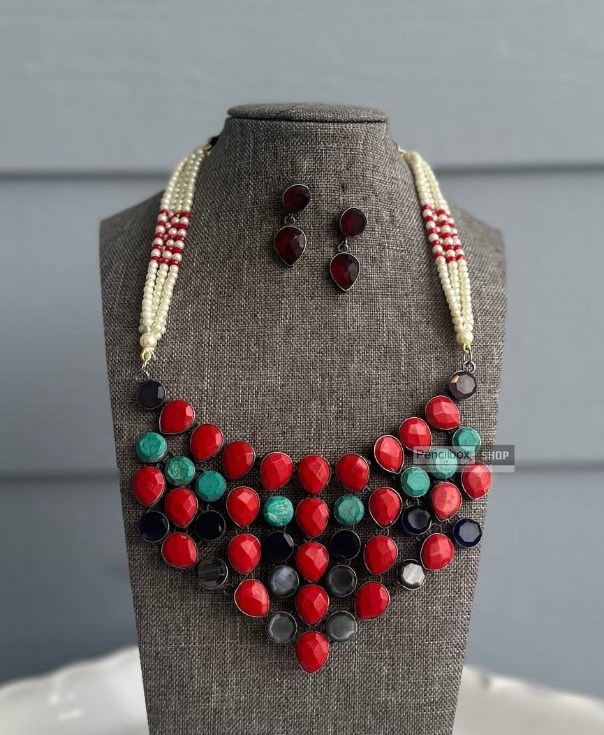 German Silver Red Turquoise Big Pearl Big necklace set