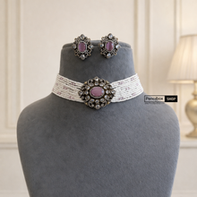 Load image into Gallery viewer, Dainty Choker Victorian Premium Polki American Diamond Choker necklace set
