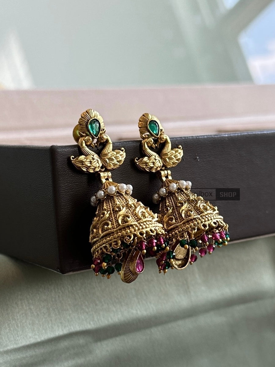 Multicolor Double Peacock Carved ethnic temple  jhumka earrings