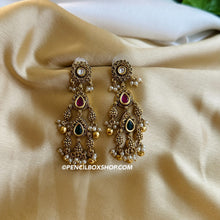 Load image into Gallery viewer, Three stone Temple Pearl Kundan Dangling temple earrings
