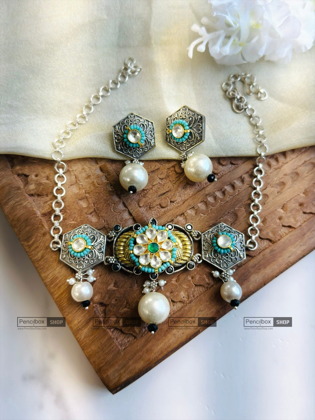 Dainty German Silver Turquoise Pachi Kundan choker necklace set