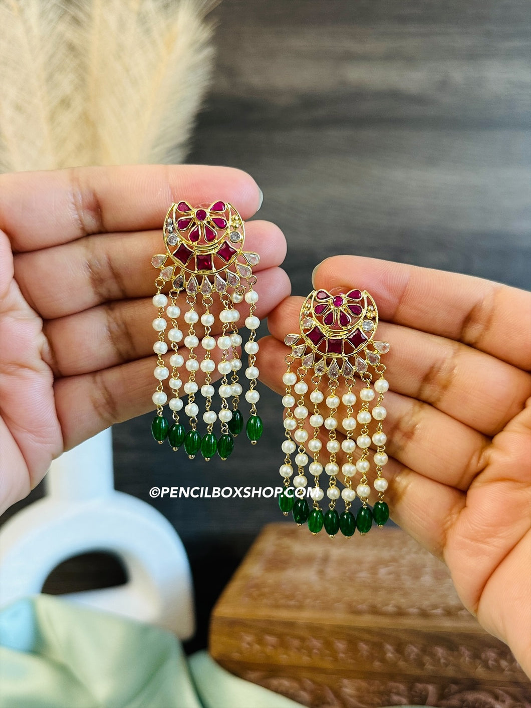 14k gold plated Simple dainty earrings Ruby green pearl drops