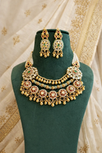 Load image into Gallery viewer, Rajwadi Layered Pearl Ruby Green Necklace Temple Set
