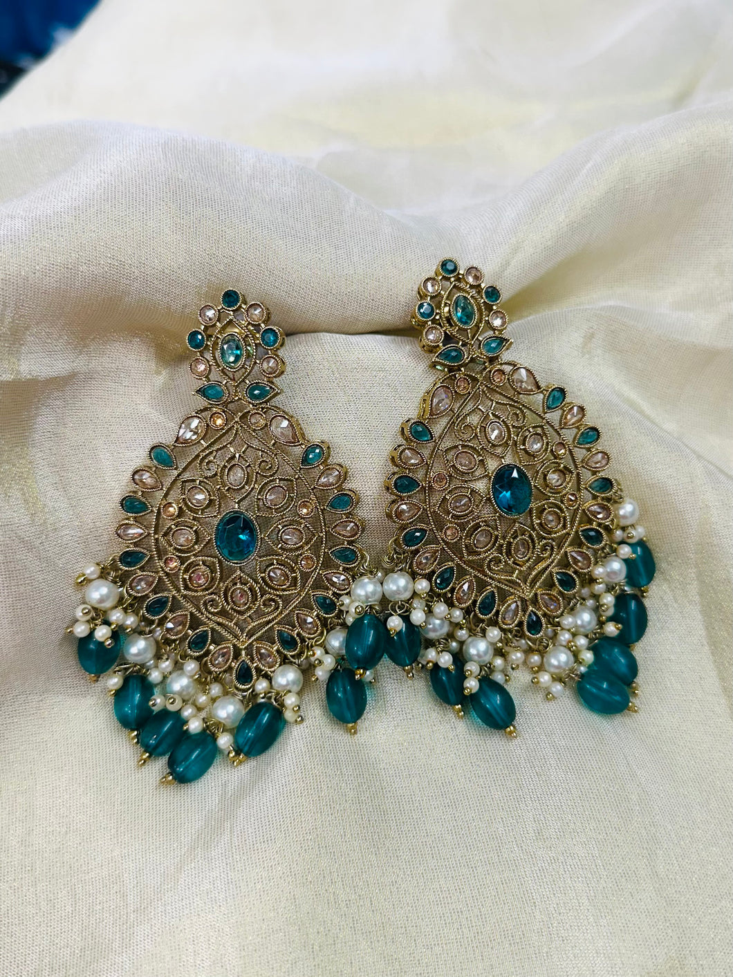 Teal Kundan Hydro Pearl Long Drop Earrings