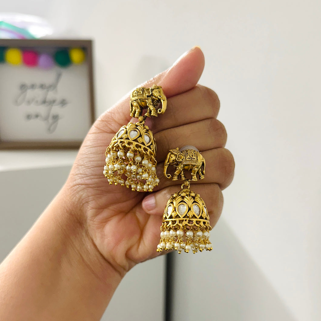 Elephant Golden Kundan Pearl drop Indian ethnic earrings
