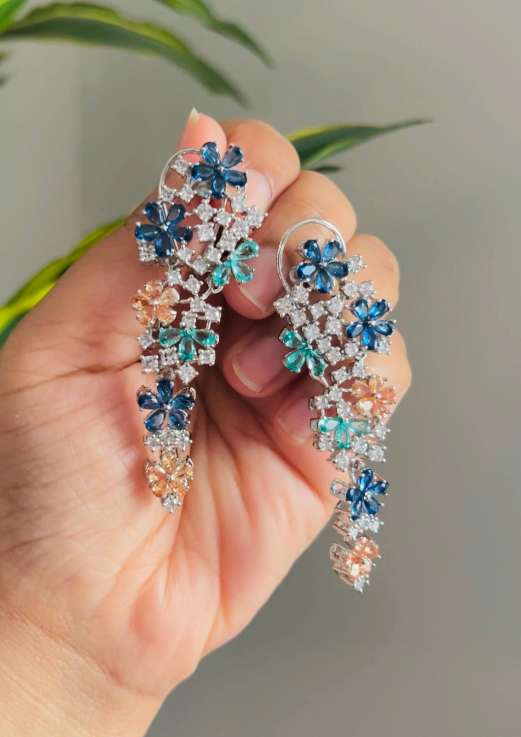 Multicolor flower American Diamond Cz Premium dangling earrings