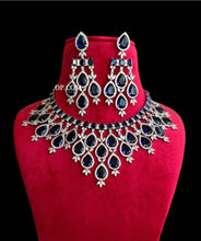 Load image into Gallery viewer, Royal Blue Statement Designer American Diamond Hanging Necklace set
