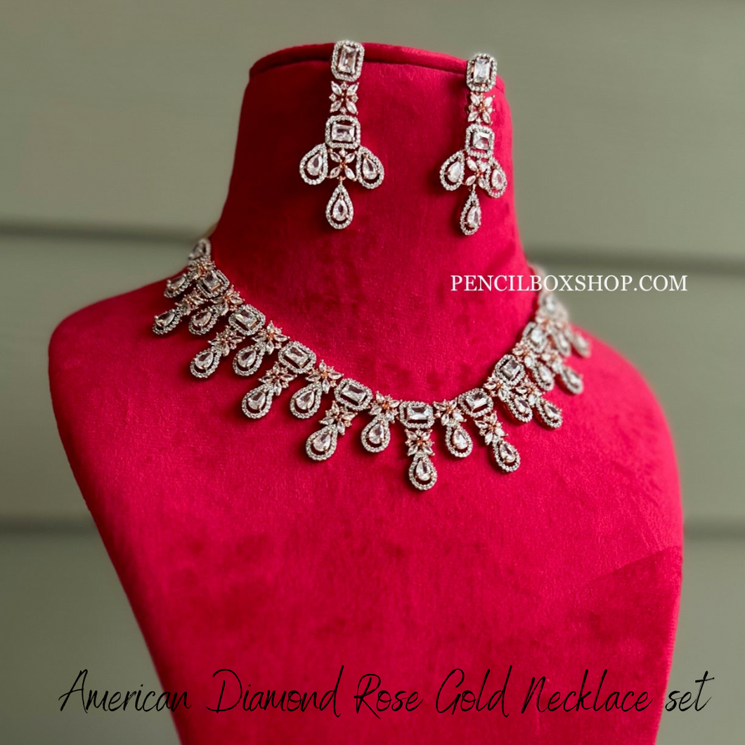 American Diamond Rose Gold Silver Hanging Drops Designer Necklace set