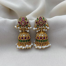 Load image into Gallery viewer, Kemp Stone Premium Quality guttapusalu pearl Temple jhumka  earrings
