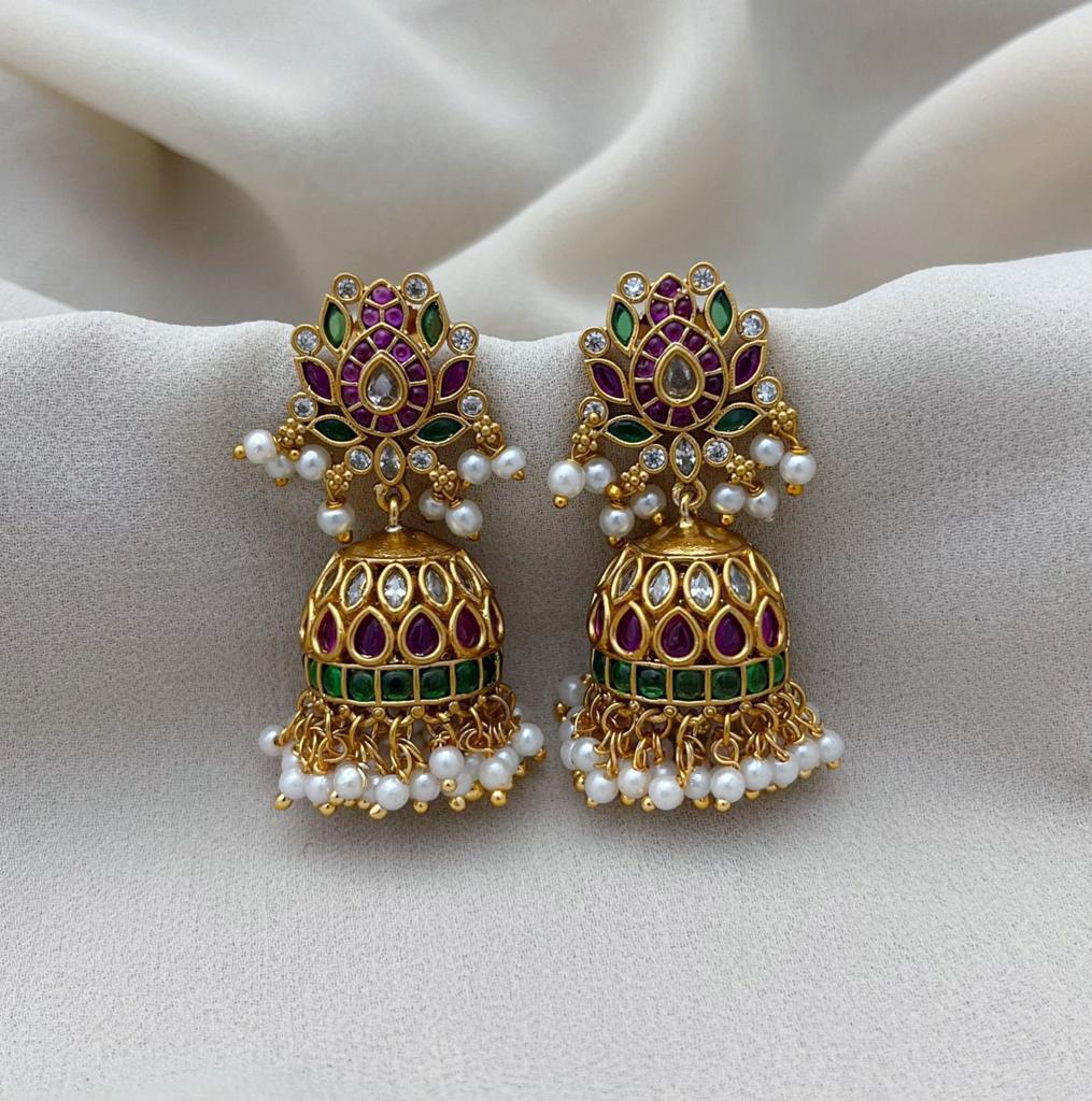 Kemp Stone Premium Quality guttapusalu pearl Temple jhumka  earrings