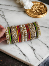 Load image into Gallery viewer, Polki Multicolor Pearl Flower Velvet bangle set
