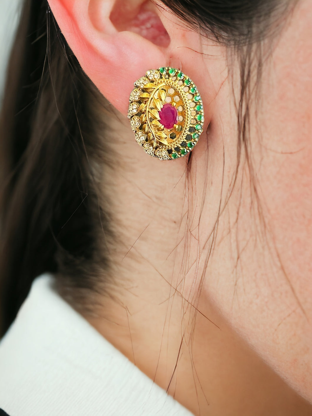Multicolor Leaf cz Stud Temple earrings