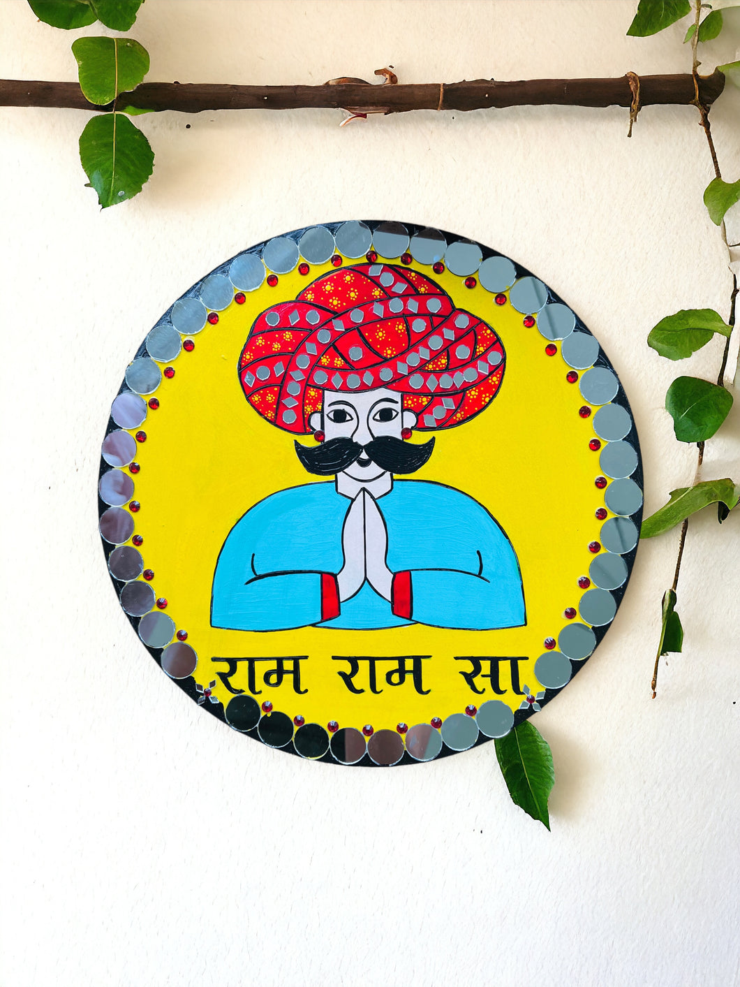 Handpainted RAM RAM SA ( Hindi) Yellow Mirror Men Wall Hanging