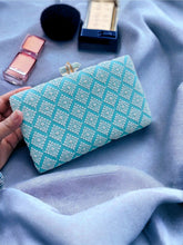 Load image into Gallery viewer, Blue embroidery Ethnic clutch for women with chain
