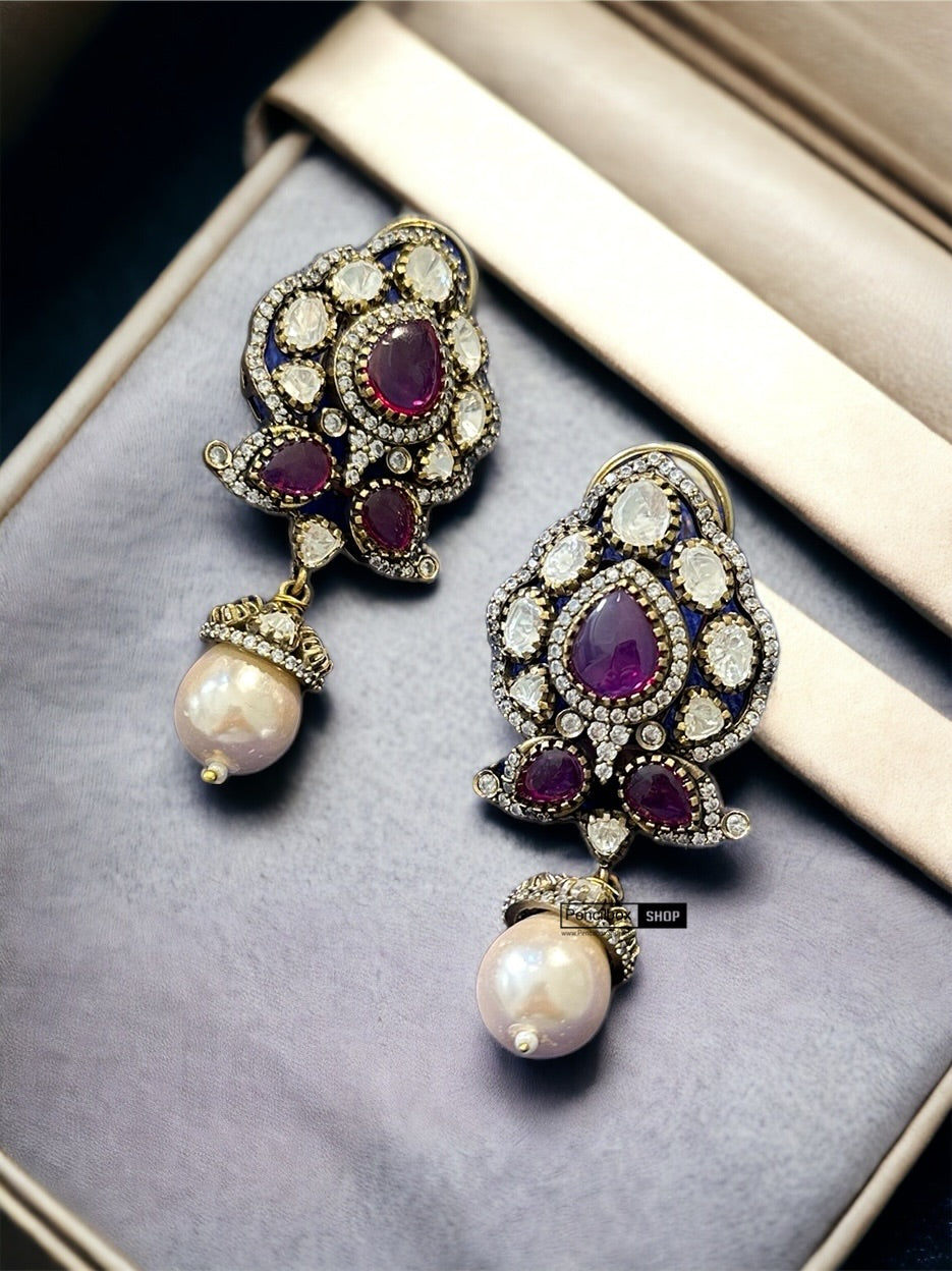 Gold plated moissanite Pink Antique Stud Earrings