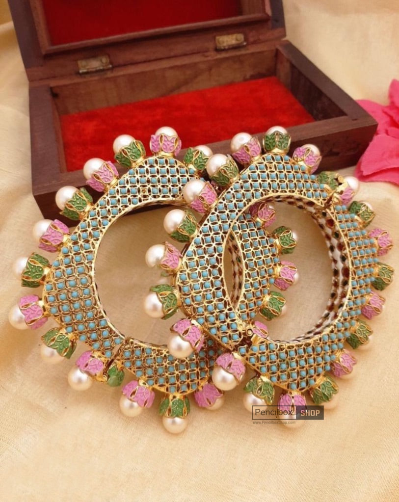 Turquoise Mint pink Statement Meenakari Jadau Kundan Rajasthani Openable Single Bangle