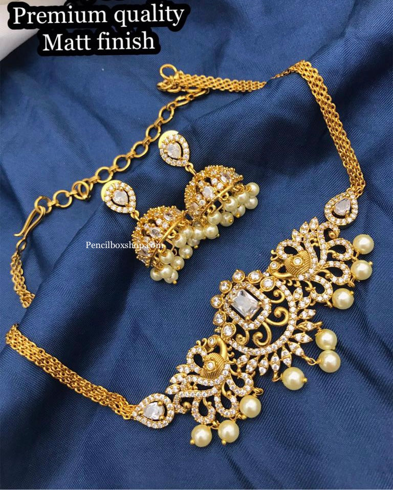 Peacock cz Kemp Stone Choker temple ethnic Necklace set