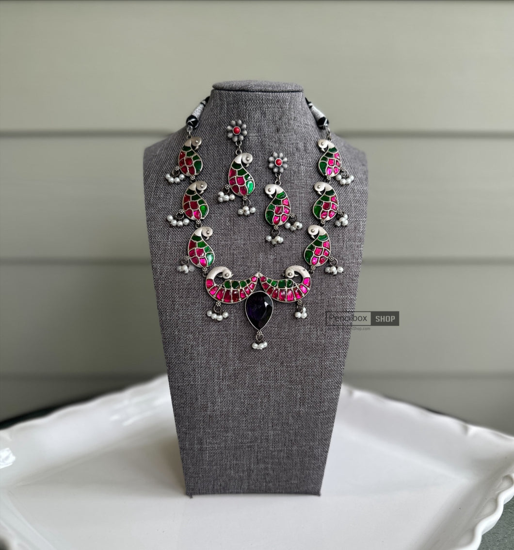 German silver Pachi kundan Multicolor Peacock Statement necklace set