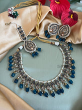 Load image into Gallery viewer, Royal Blue  Golden Polki Necklace Set with Maangtikka
