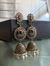 Load image into Gallery viewer, Kundan Peacock Polki Meenakari Pearl Jhumka Earrings
