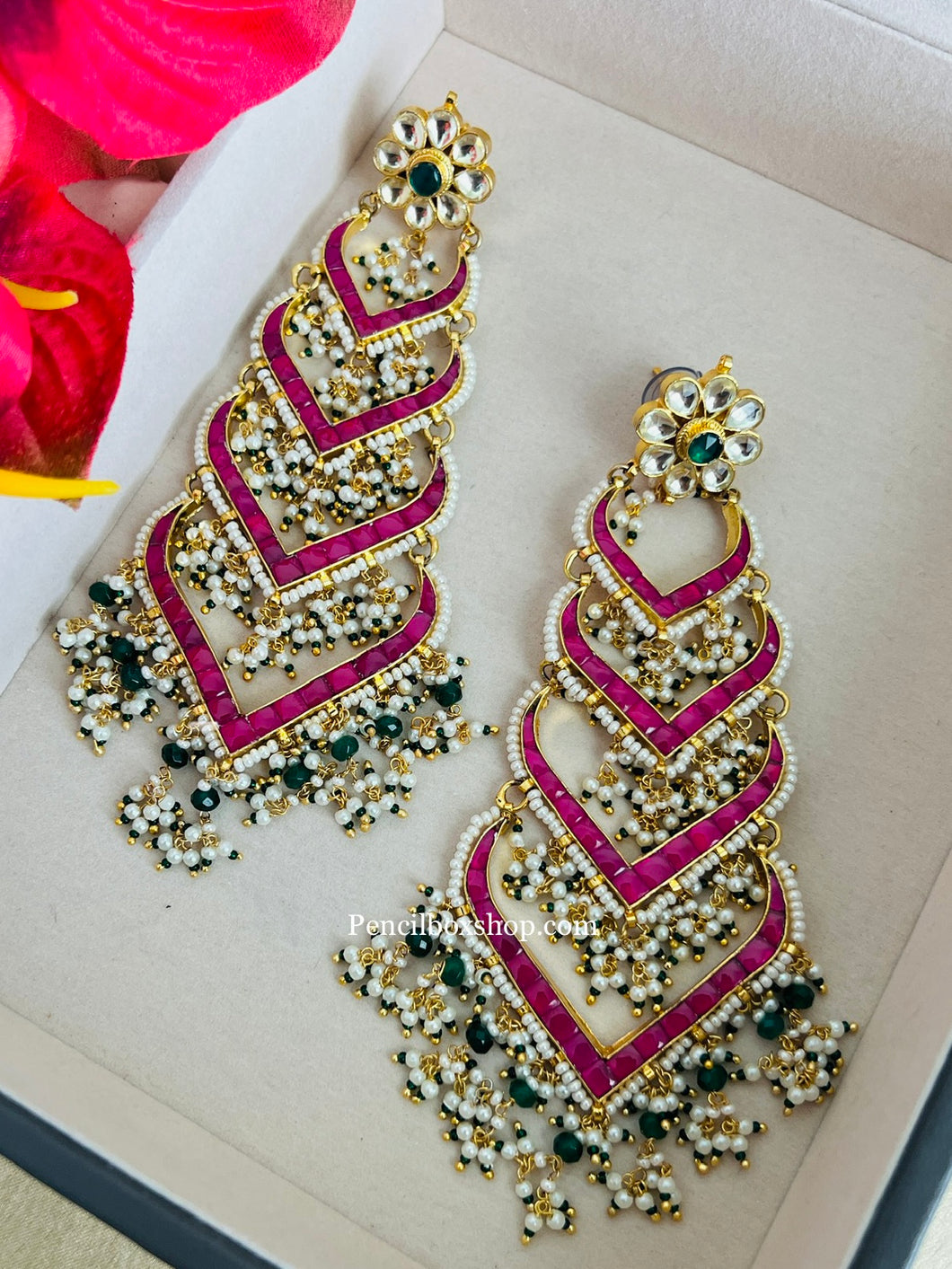 Pachi Kundan Brass Long Statement Designer Earrings