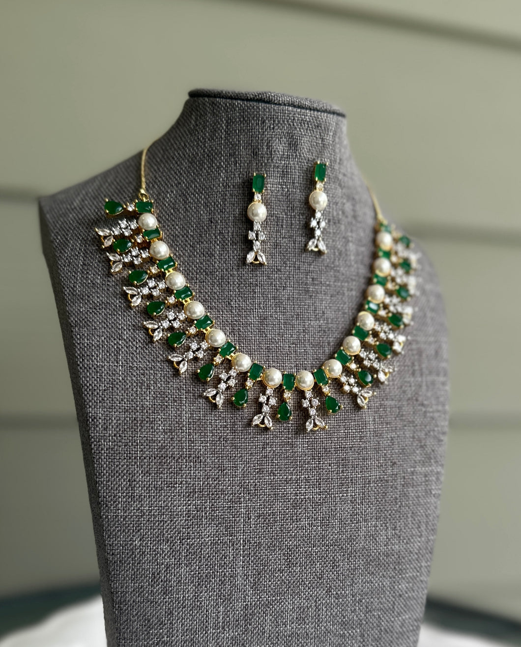Green American Diamond Pearl cz Necklace set