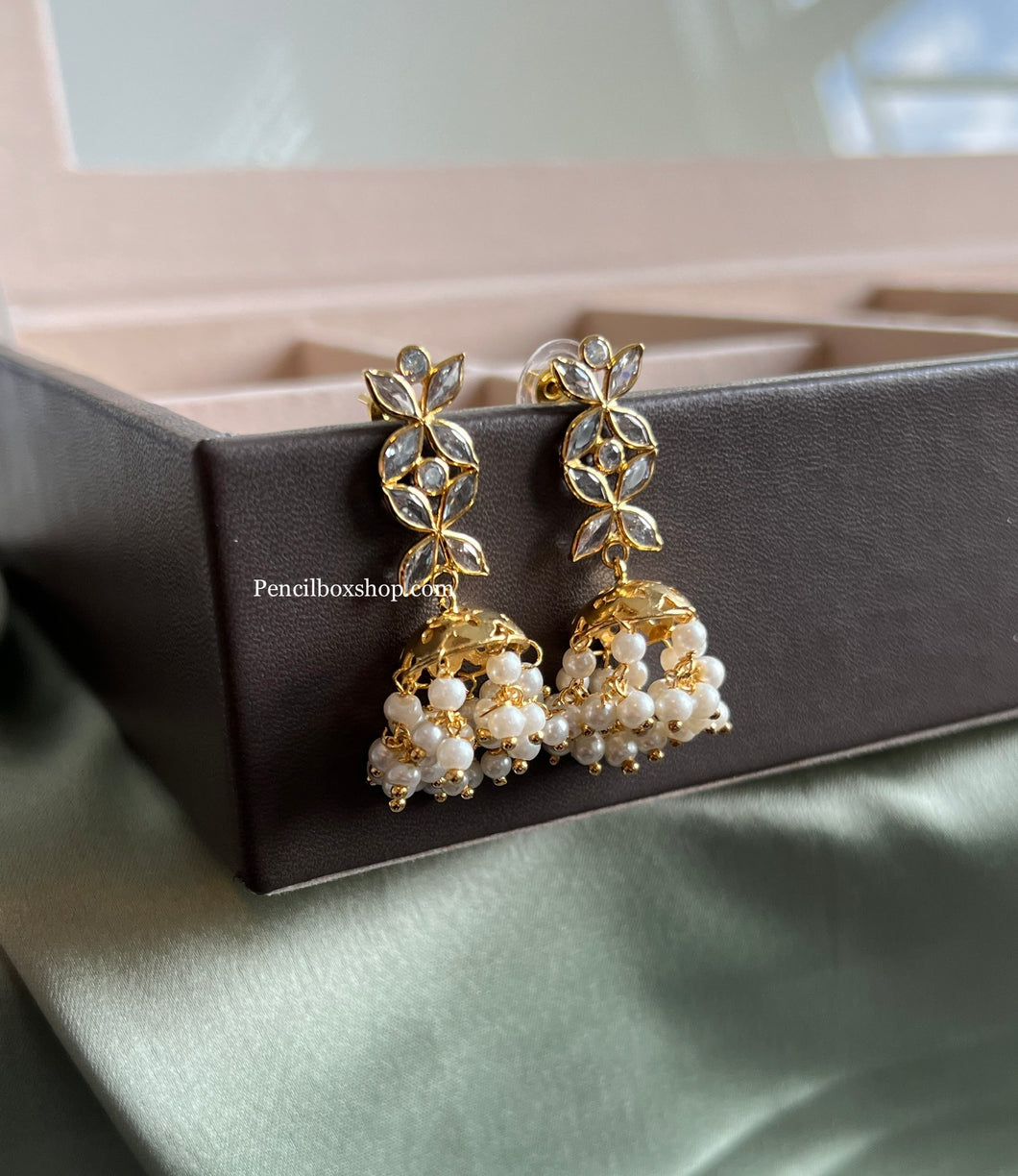 14k Gold plated White Stone Pearl Drop Temple earrings