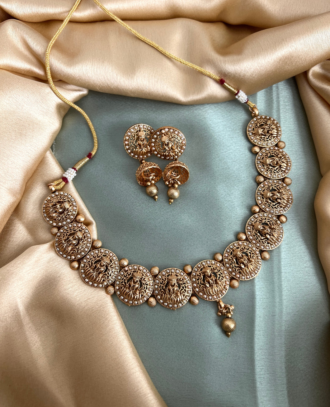 White Pearl Lakshmi ji Golden Temple Necklace set