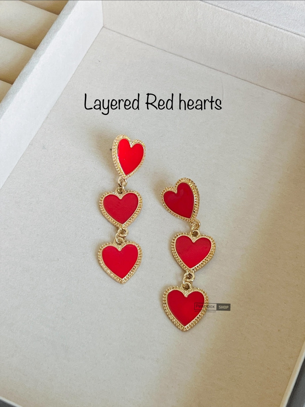 Three layered Red Golden Heart Earrings IDW