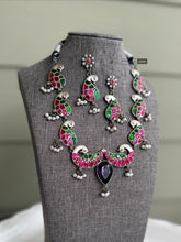 Load image into Gallery viewer, German silver Pachi kundan Multicolor Peacock Statement necklace set
