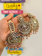 Load image into Gallery viewer, Pearl beads Chandbali  Mirror Jhumka Set with Maangtikka Set
