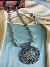 Load image into Gallery viewer, White kundan round with matar mala Statement Big Pendant Oxidised Afghani Necklace set
