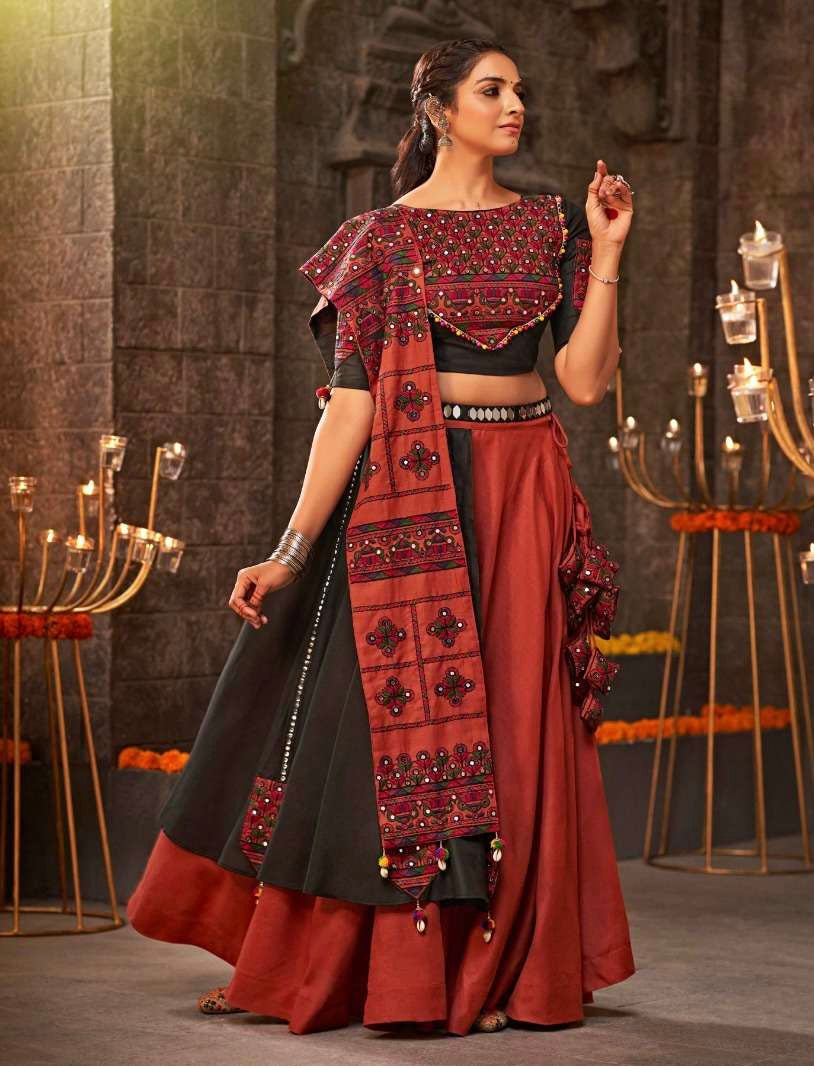 V8 2342 PRE ORDER Orange Cotton Embroidery Navratri lehenga choli
