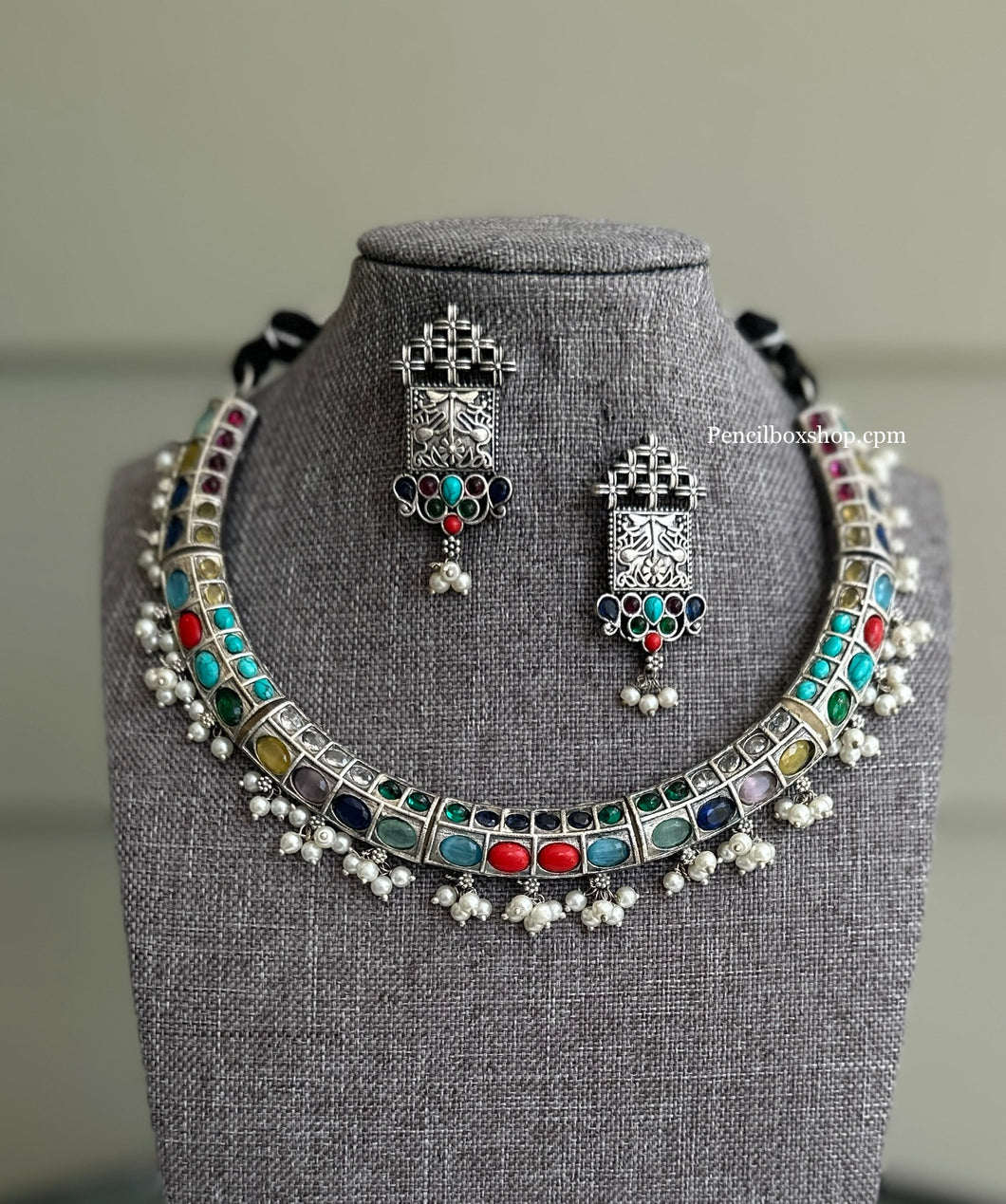 German silver Stone hasli Pearl necklace set