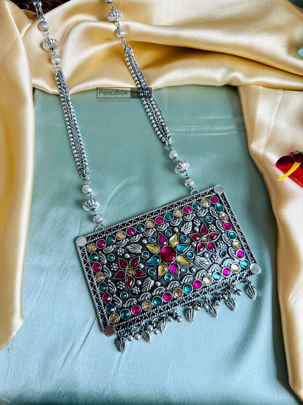 Multicolor Stone Big rectangle Pendant Oxidised Afghani Necklace