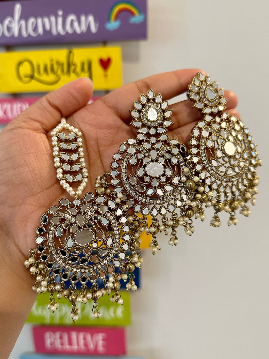 Pearl beads Chandbali  Mirror Jhumka Set with Maangtikka Set