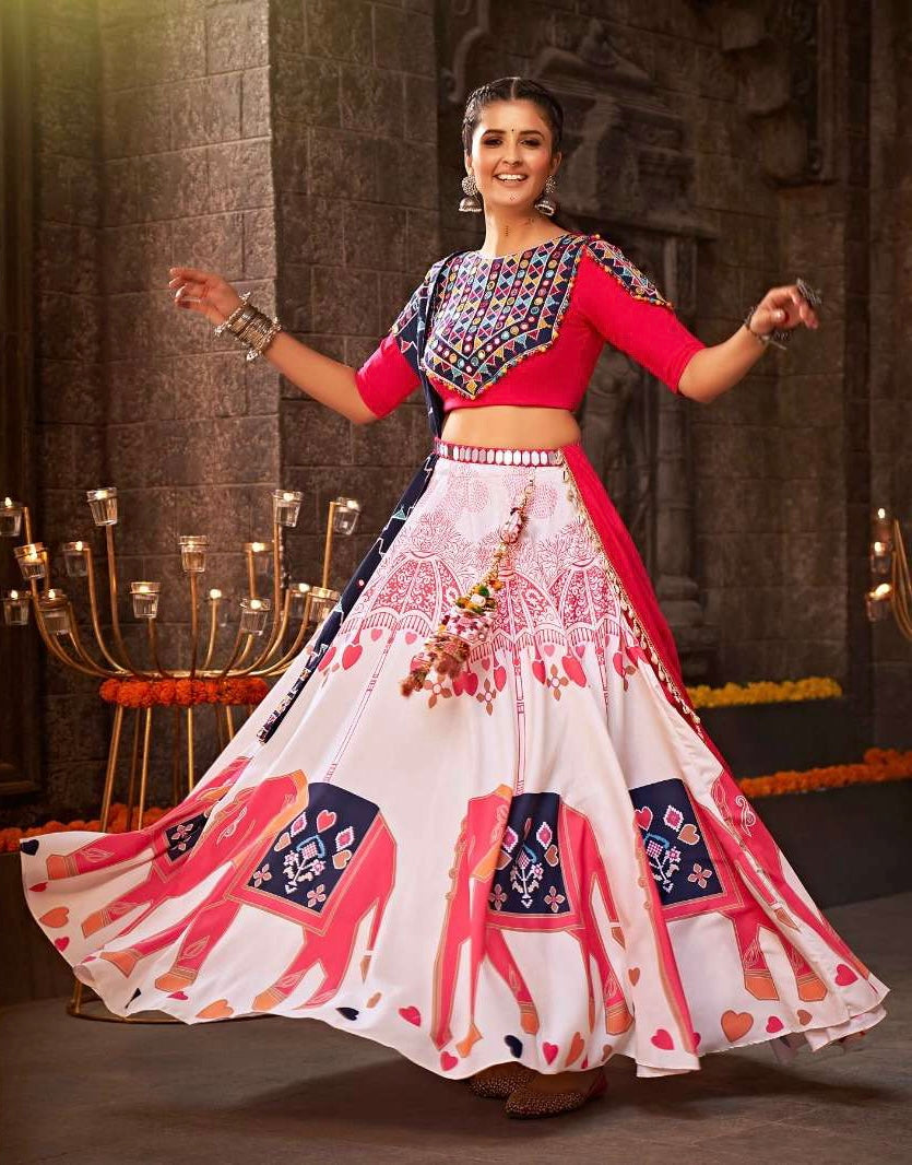 V8 2343 PRE ORDER White Rayon Printed elephant Navratri lehenga choli