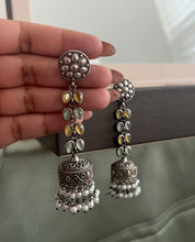 Load image into Gallery viewer, German Silver Long Stone Layered Jhumka Earrings
